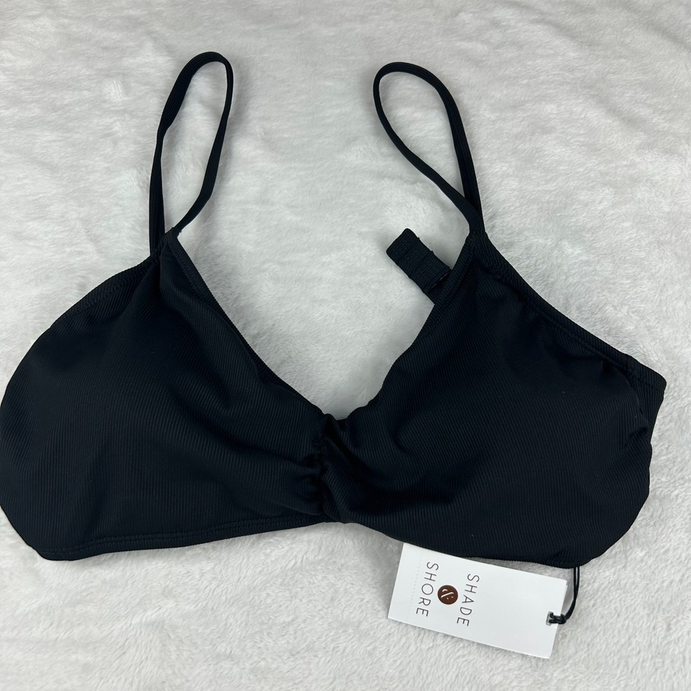 Shade & Shore Shirred Ribbed Bralette Bikini Top Womens L Black Removable Pads